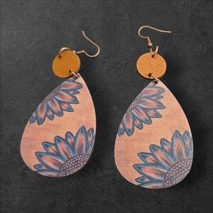 Bohemian Flower Wood Tear Drop Dangle Earrings